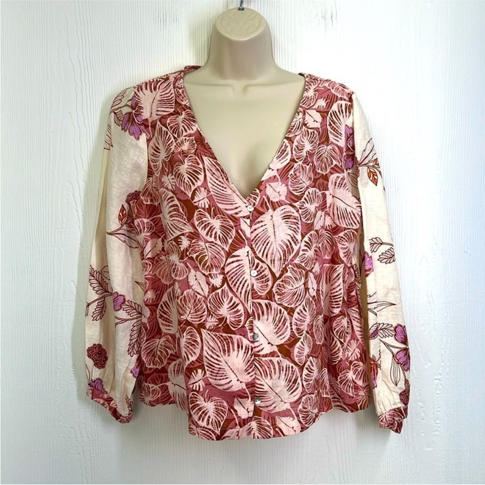 Tahari - Colorful Floral Pastel Button Down 100 Percent Linen Blouse Small